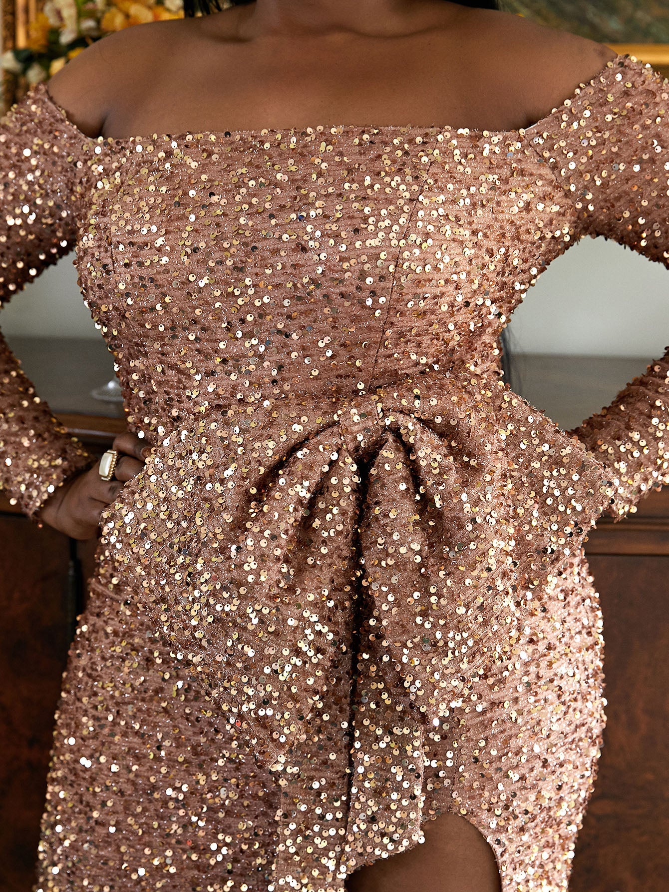 Plus la taille hors de l'épaule Bow Designer Maxi Sequin CandyBrown robe de bal PXH2122 