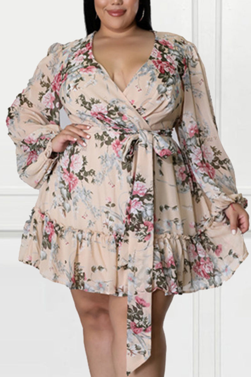 Mini-robes d'été décontractées à imprimé fleuri de grande taille à manches longues