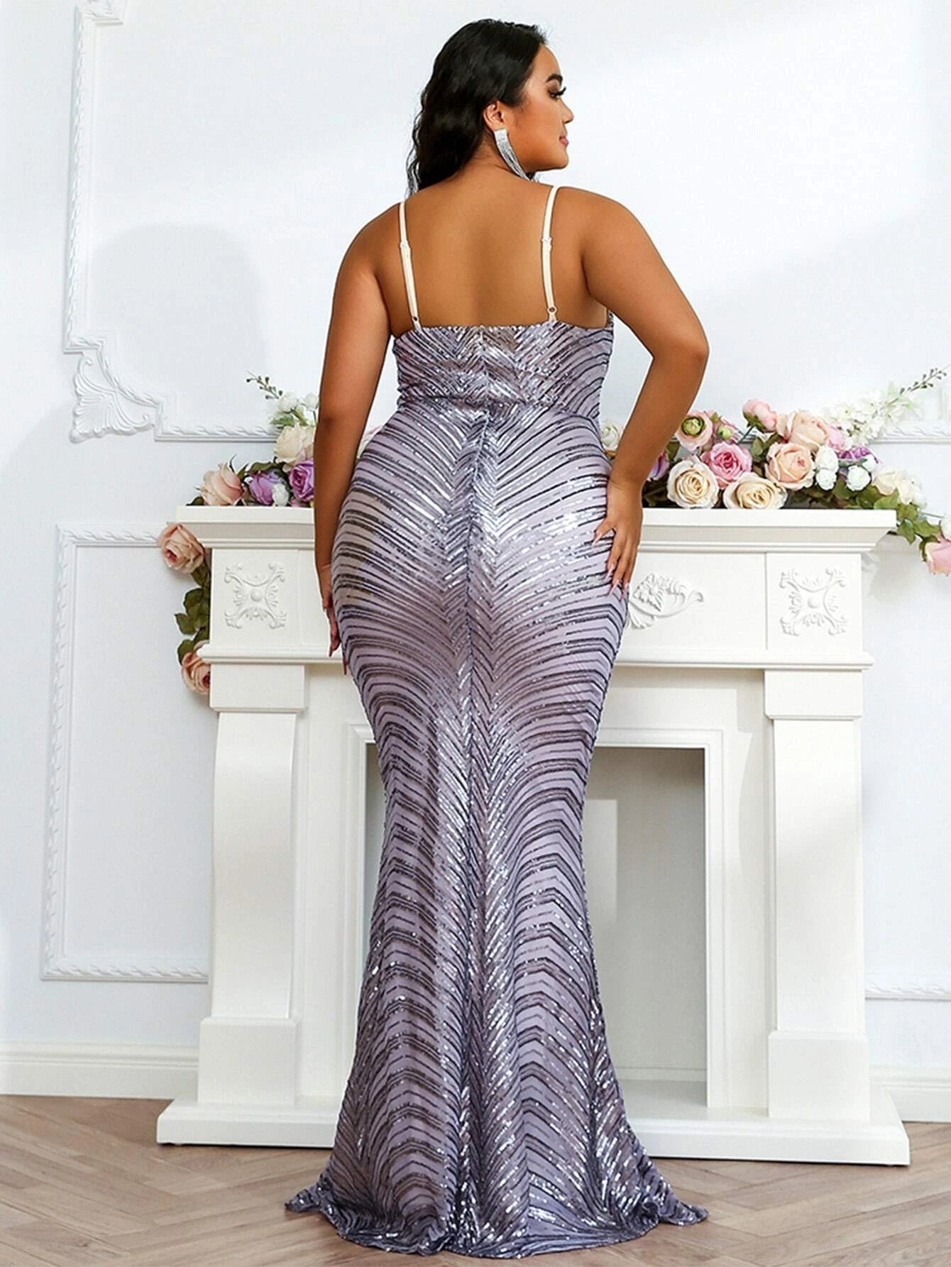Curvy Plus Mermaid Hem Sequin Floor Length Robe de bal P0215