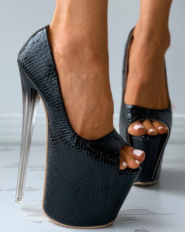 Peep Toe Croco Embossed Platform Stiletto Heels
