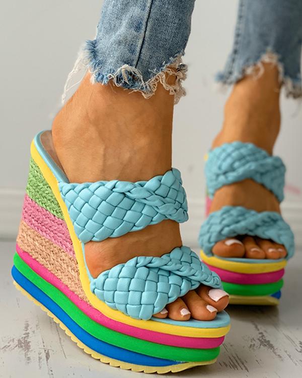 Sandales compensées espadrilles tressées à blocs de couleurs