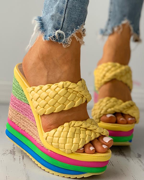 Sandales compensées espadrilles tressées à blocs de couleurs