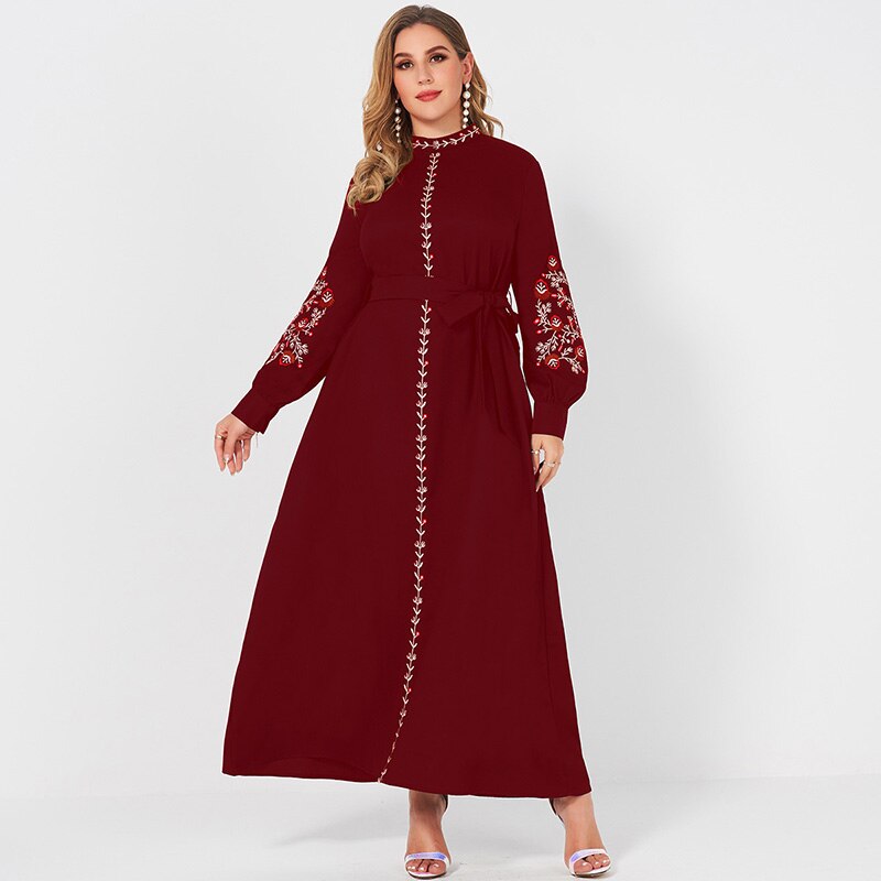 2021 nouvelle robe d'été femme grande taille rouge complexe petit col montant broderie florale à manches longues ceintures amples Robes élégantes