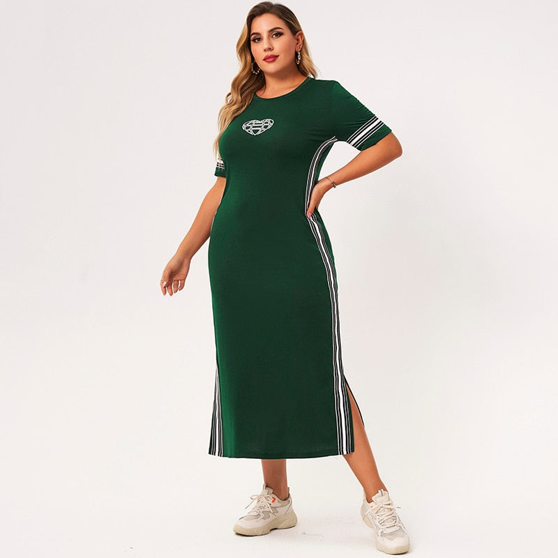 2021 nouvelle robe d'été femmes vert épissage rayé col rond à manches courtes mince décontracté collège grande taille robes avec en forme de coeur