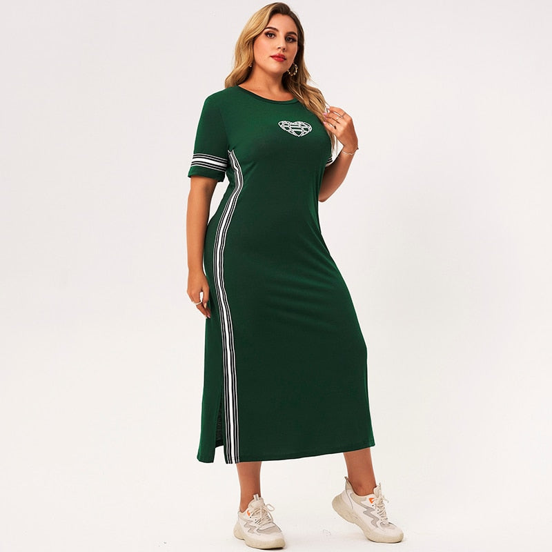 2021 nouvelle robe d'été femmes vert épissage rayé col rond à manches courtes mince décontracté collège grande taille robes avec en forme de coeur