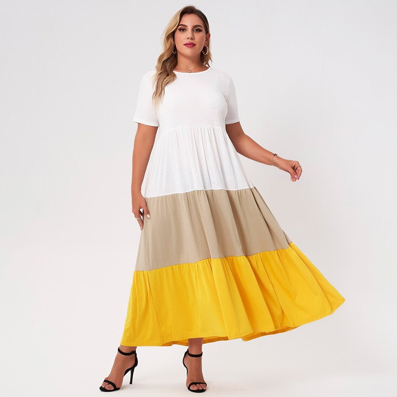2021 nouveau été longue robe femmes grande taille blanc jaune Tan Patchwork ample décontracté vacances plissé à manches courtes Maxi robes 4XL