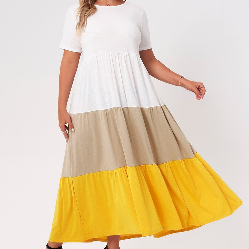 2021 nouveau été longue robe femmes grande taille blanc jaune Tan Patchwork ample décontracté vacances plissé à manches courtes Maxi robes 4XL