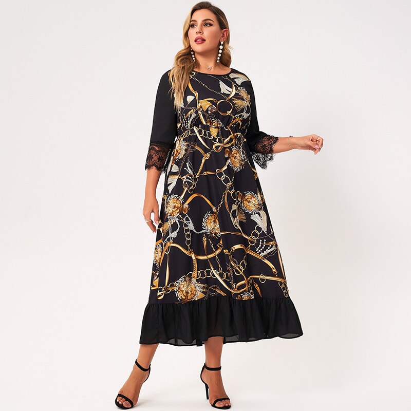 2021 nouveau été Maxi robe femmes grande taille noir dentelle Patchwork 3/4 manches doré chaîne impression volants ourlet lâche Vintage Robes
