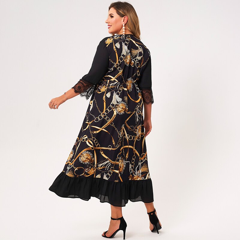 2021 nouveau été Maxi robe femmes grande taille noir dentelle Patchwork 3/4 manches doré chaîne impression volants ourlet lâche Vintage Robes