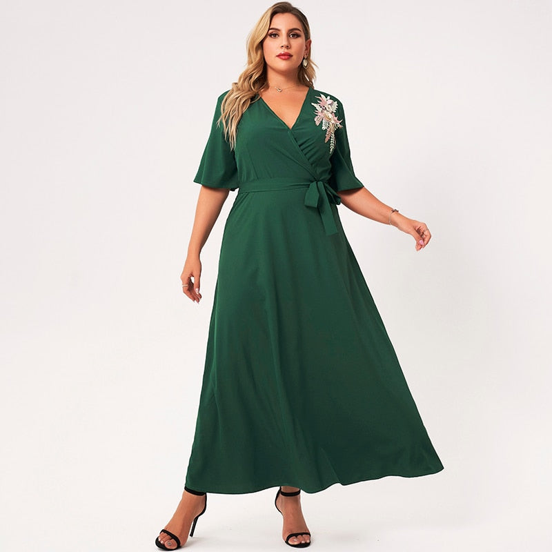 2021 nouveau été Maxi robe femmes grande taille vert à volants demi manches ceintures 3D fleur col en v a-ligne Vintage fête longues Robes 4XL