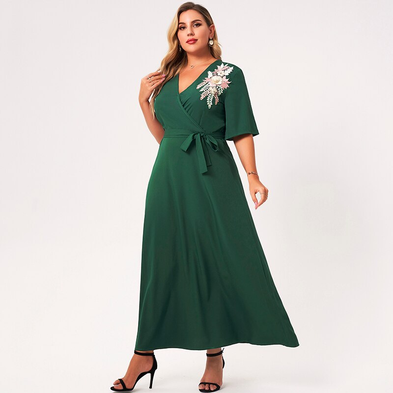 2021 nouveau été Maxi robe femmes grande taille vert à volants demi manches ceintures 3D fleur col en v a-ligne Vintage fête longues Robes 4XL