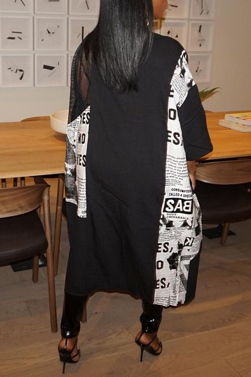[Pré-vente] Cardigan Kimono Imprimé Noir Décontracté Grande Taille