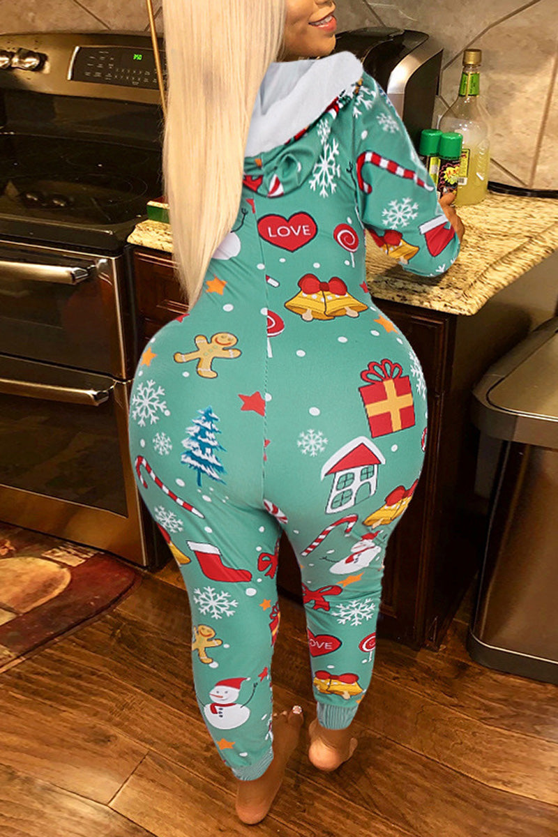 Plus la taille de Noël Full Print Split Neck Sexy Jumpsuit Pyjamas Onesie