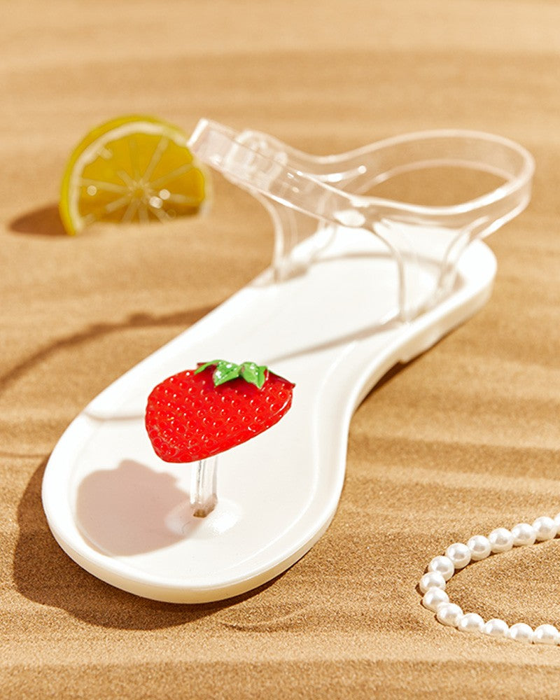 Sandales plates à bride transparente et motif fraise