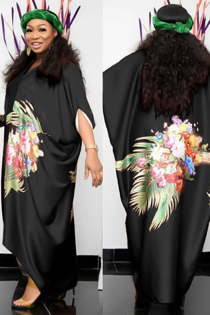 Robes Maxi Décontractées Imprimées Florales de Grande Taille à Manches Chauve-Souris