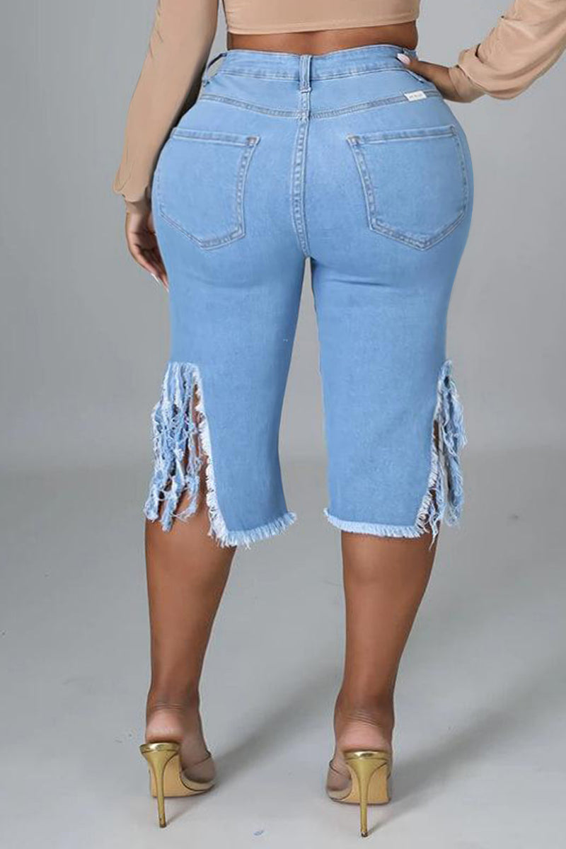 [Pré-vente] Short en jean taille haute bleu décontracté à franges déchirées de grande taille