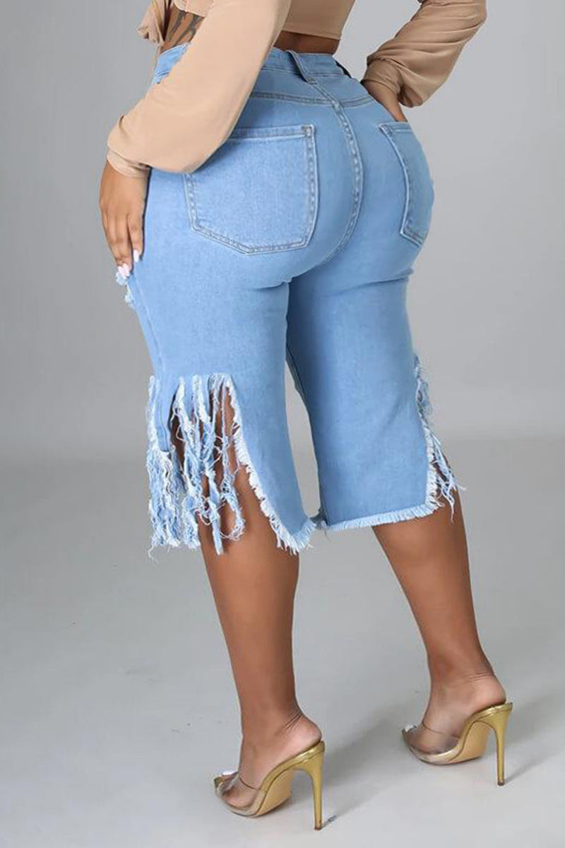 [Pré-vente] Short en jean taille haute bleu décontracté à franges déchirées de grande taille