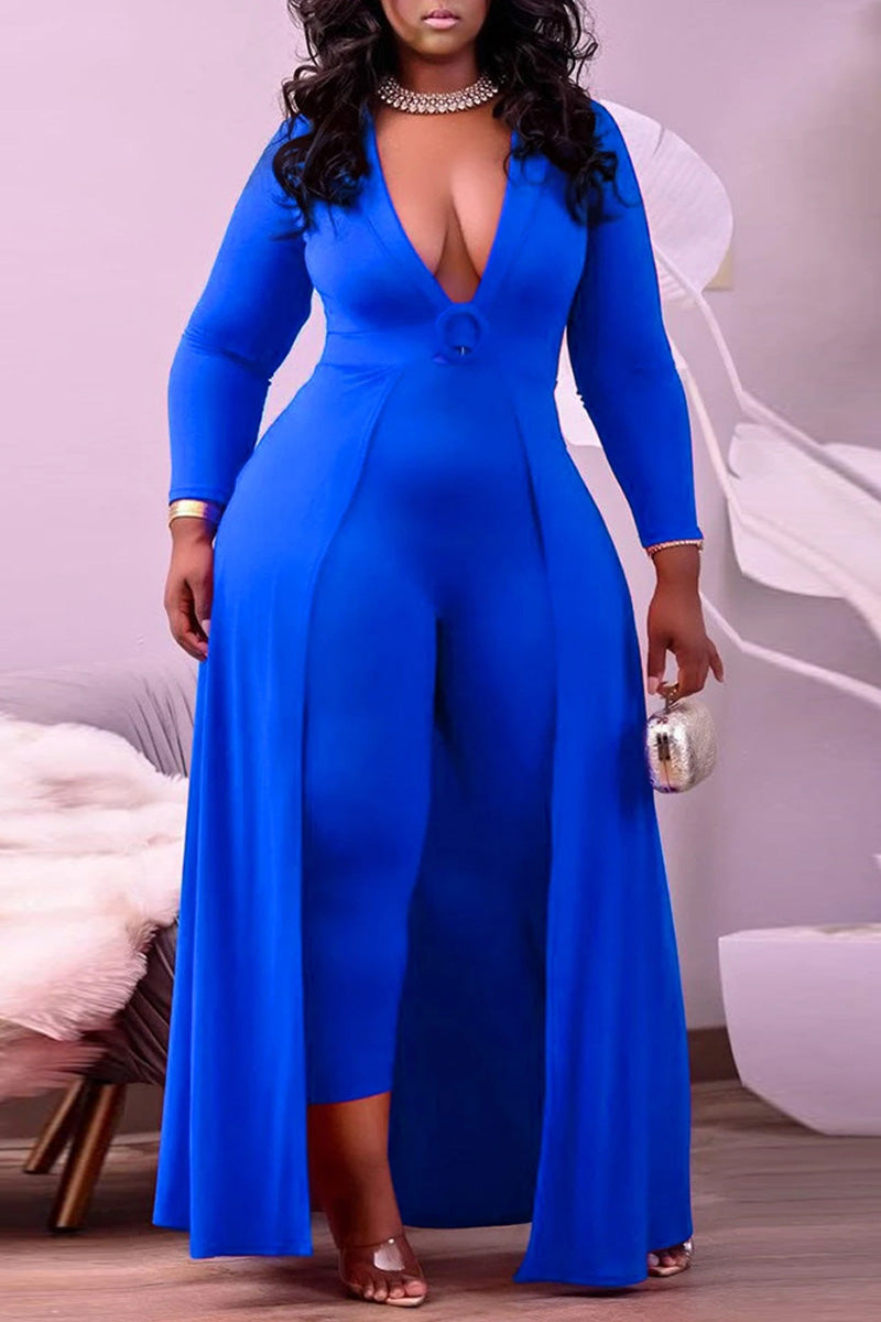 [Pre-Sale] Plus Size Casual Solid Spit Joint Long Sleeve Jumpsuits - Fashionaviv-Jumpsuits + Rompers-[product_label]