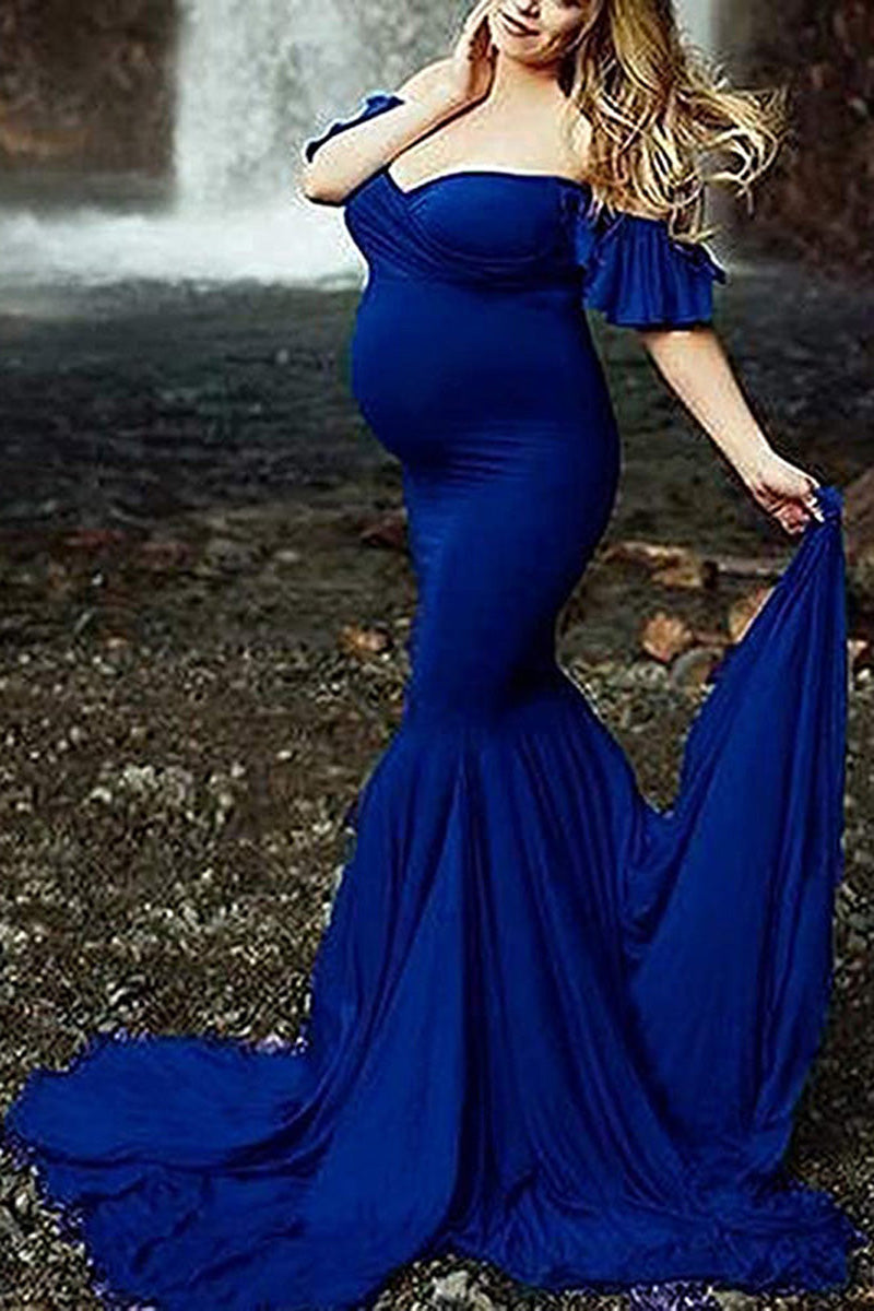 [Pré-vente] Maxi Robe de Maternité à Volants à Epaule Dénudée de Grande Taille