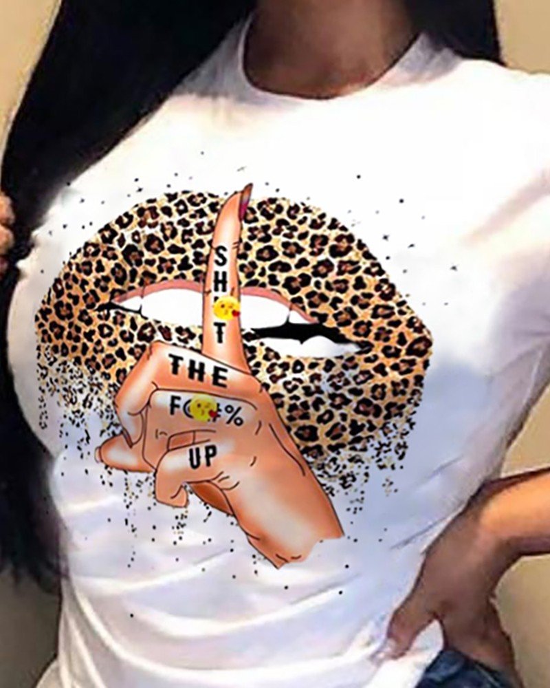 T-shirt à Manches Courtes Imprimé Léopard à Lèvres de Grande Taille à Col Rond