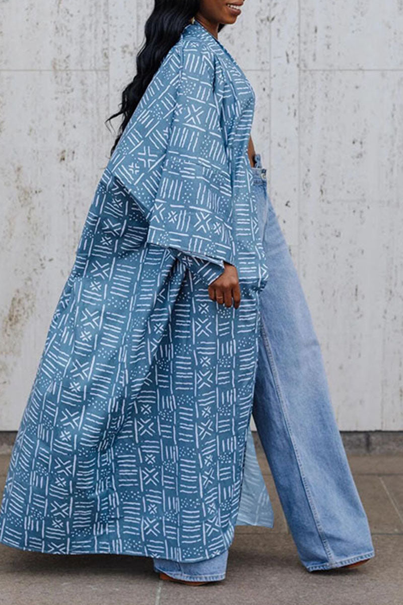 Robe Maxi Imprimée Africaine Bleue de Grande Taille Kimono Cardigan Vêtements d'Extérieur