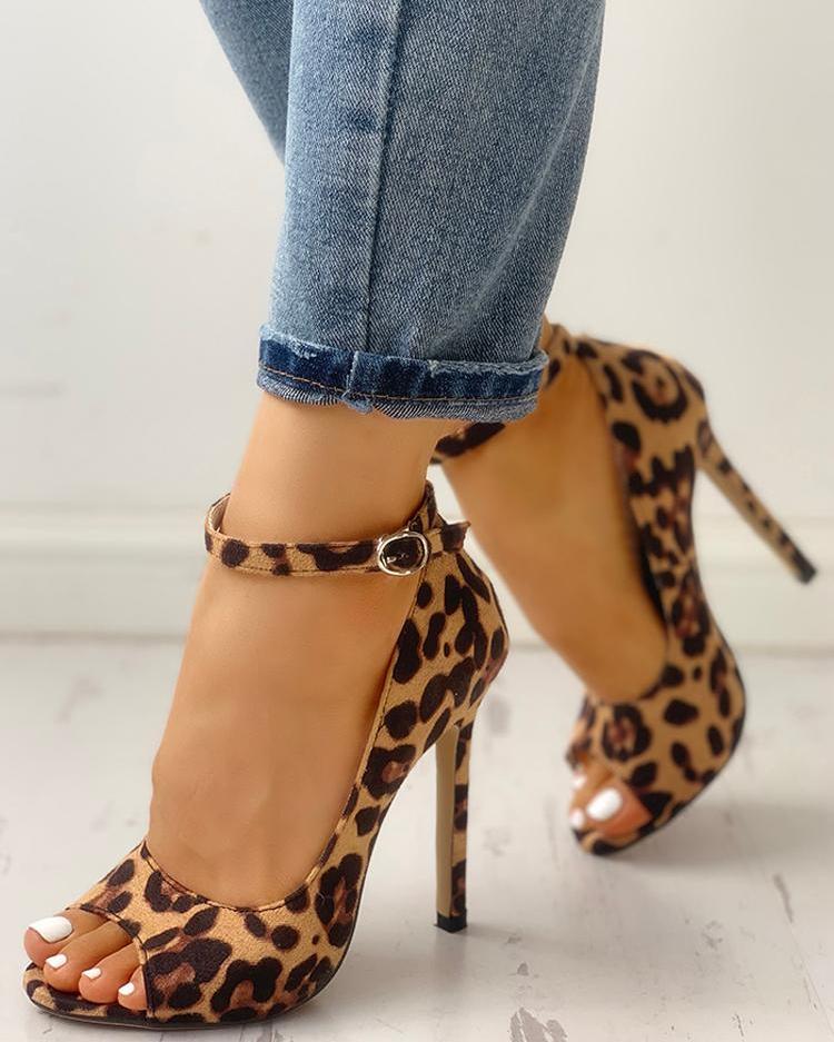 Sandale à bride de cheville et bout ouvert à imprimé léopard
