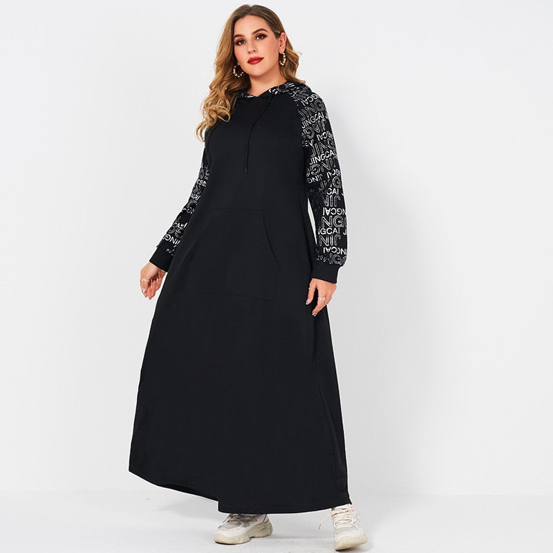Robes femme été 2021 grande taille décontracté argent lettre imprimer à manches longues couture à capuche cordon ample Sport robe noire