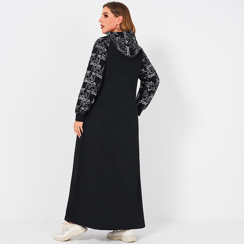 Robes femme été 2021 grande taille décontracté argent lettre imprimer à manches longues couture à capuche cordon ample Sport robe noire