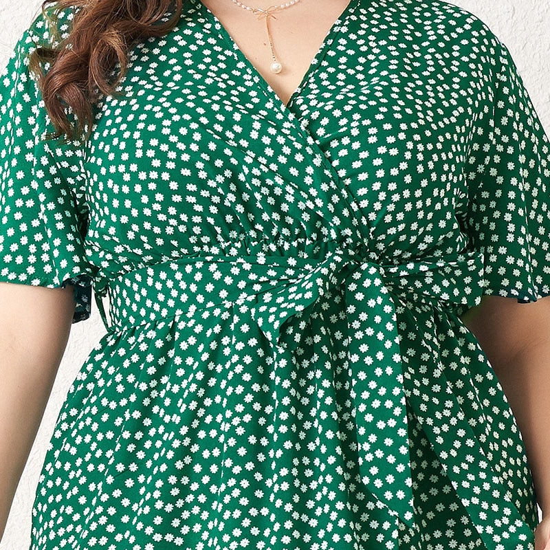 MAI &amp; FUN 2021 nouveau été Maxi robe femmes vert fleur ceintures ceinture fendue évasée à manches courtes col en v Boho vacances Robes grande taille