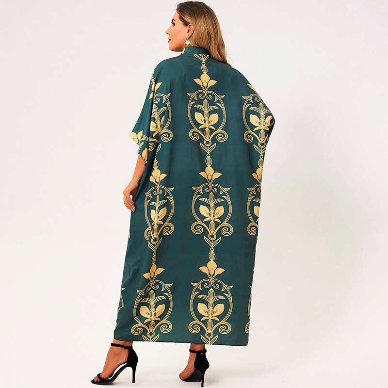 Nouvelle robe d'été femmes 2021 grande taille vert col en v chauve-souris demi manches Vintage doré vigne impression florale ample décontracté Maxi robes