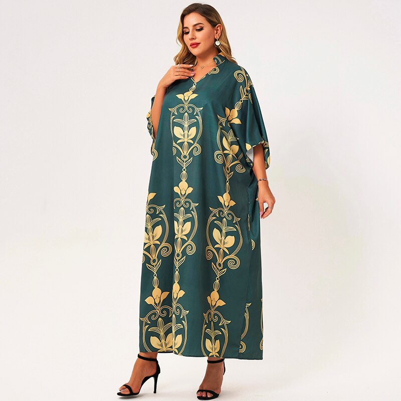 Nouvelle robe d'été femmes 2021 grande taille vert col en v chauve-souris demi manches Vintage doré vigne impression florale ample décontracté Maxi robes