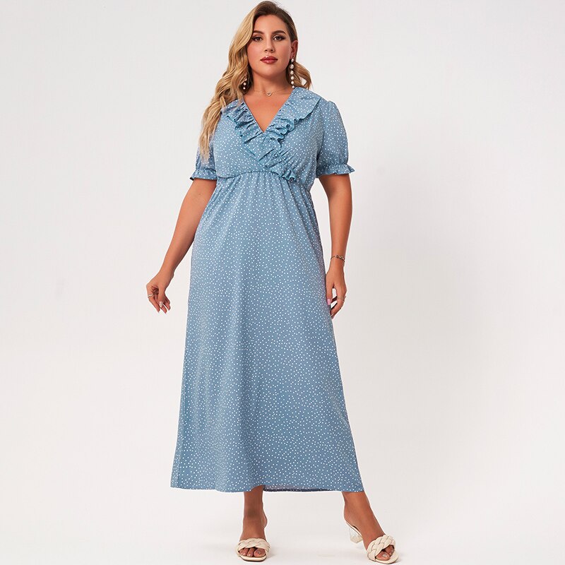 Nouvelle robe d'été femmes 2021 grande taille bleu clair vague Point col en v court à volants ample décontracté élégant doux fête longues robes