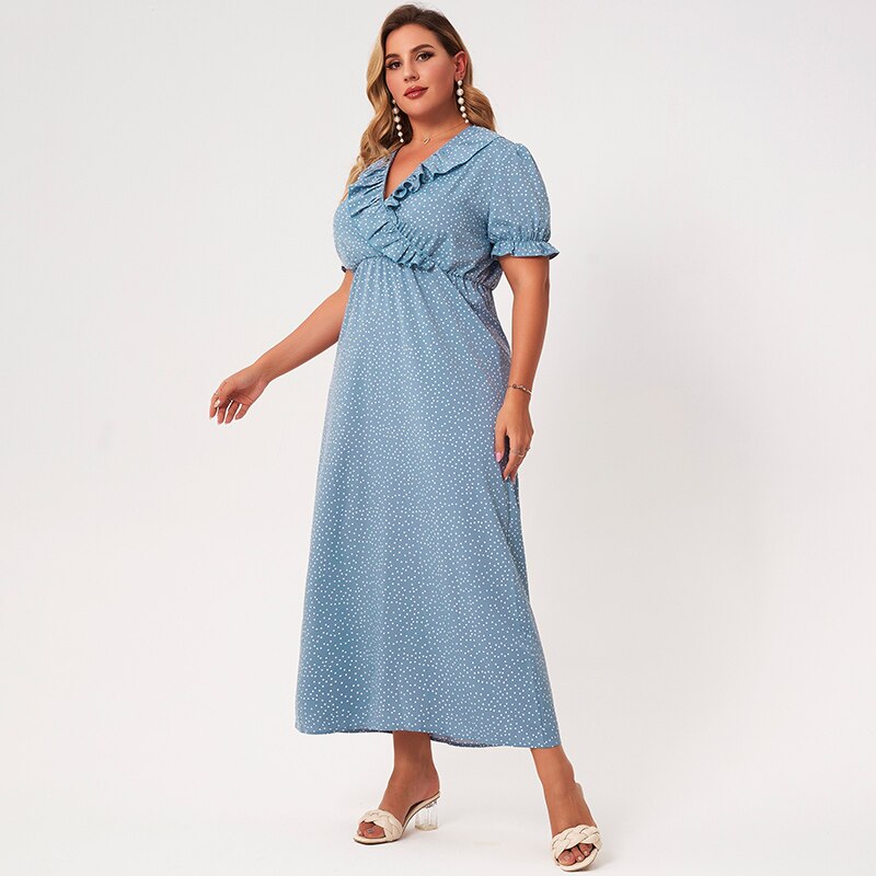 Nouvelle robe d'été femmes 2021 grande taille bleu clair vague Point col en v court à volants ample décontracté élégant doux fête longues robes