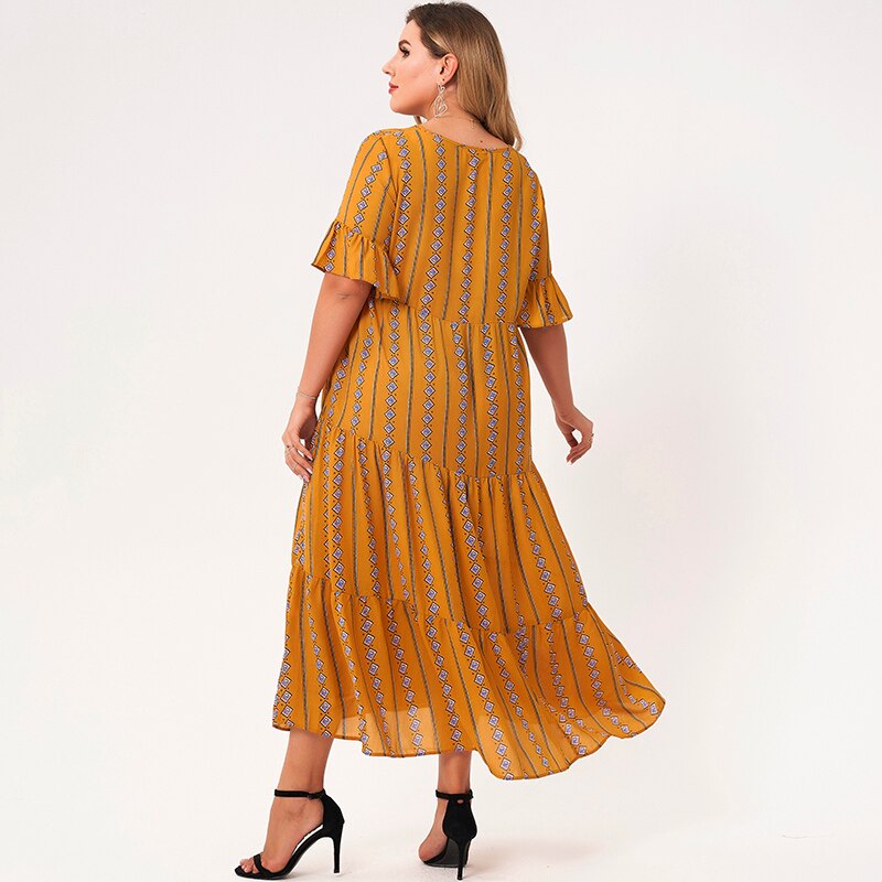 Nouvelle robe d'été femmes 2021 grande taille jaune géométrie col en v demi manches évasées bouton a-ligne lâche Style bohème Maxi robes