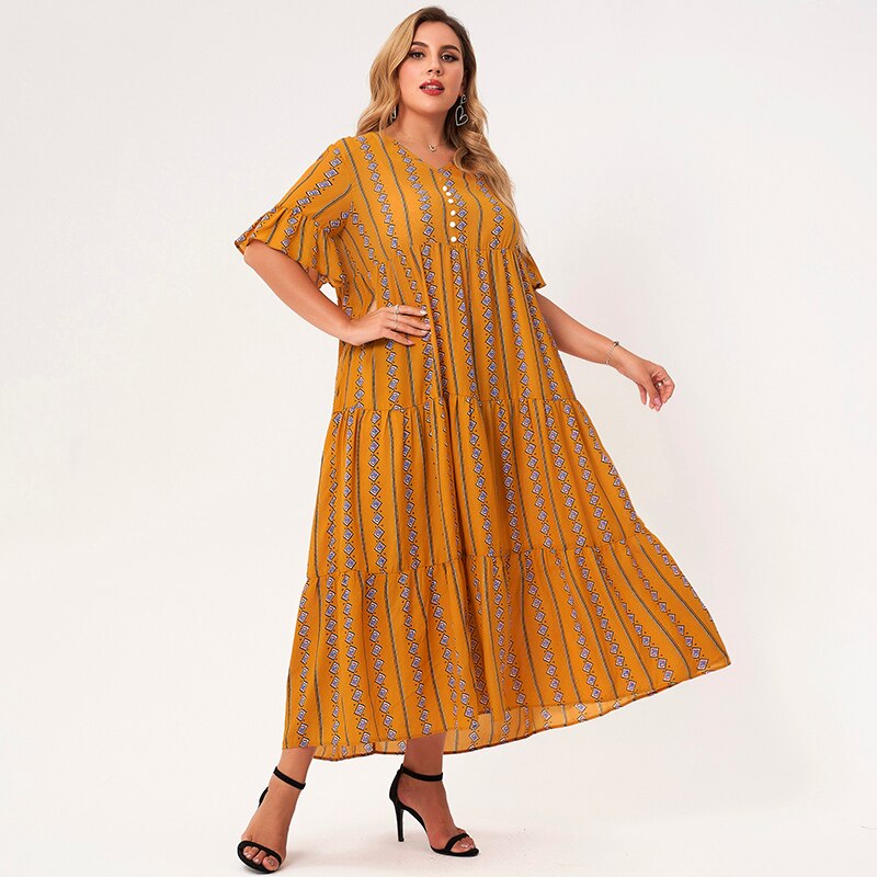 Nouvelle robe d'été femmes 2021 grande taille jaune géométrie col en v demi manches évasées bouton a-ligne lâche Style bohème Maxi robes