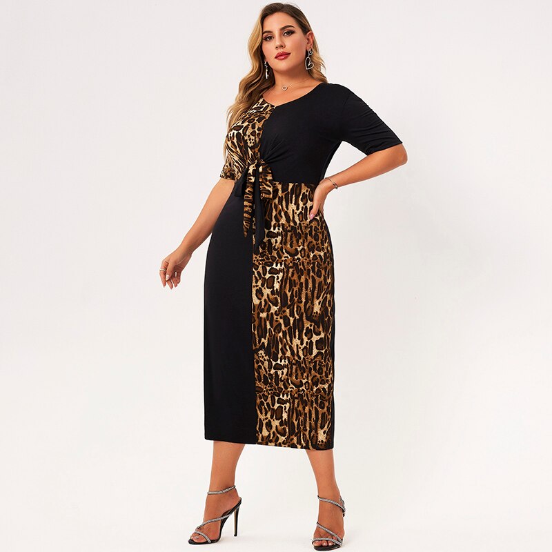 Nouveau été longue robe femmes 2021 grande taille noir col en v manches courtes épissage léopard impression a-ligne ample décontracté Maxi robes