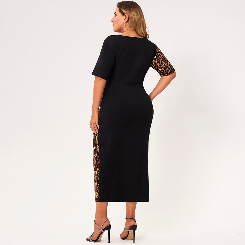 Nouveau été longue robe femmes 2021 grande taille noir col en v manches courtes épissage léopard impression a-ligne ample décontracté Maxi robes