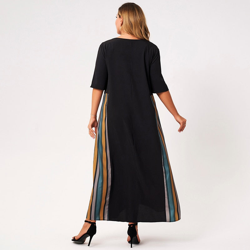 Nouveau été Maxi robe femmes grande taille 2021 noir coloré rayure verticale Patchwork col en v demi manches ample grandes Robes décontractées