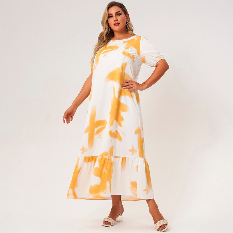 Nouveau été Maxi robe femmes grande taille 2021 blanc jaune cravate teinture à volants ourlet Patchwork lanterne à manches courtes Art robes décontractées en vrac