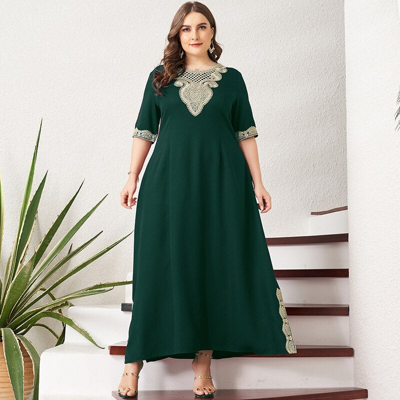 Nouveau été Maxi robe femmes grande taille Vintage dentelle Patchwork ourlet fendu solide vert demi manches fête bal longues robes Suelto