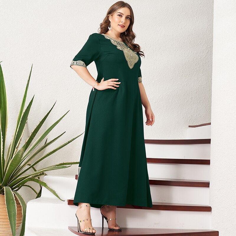 Nouveau été Maxi robe femmes grande taille Vintage dentelle Patchwork ourlet fendu solide vert demi manches fête bal longues robes Suelto