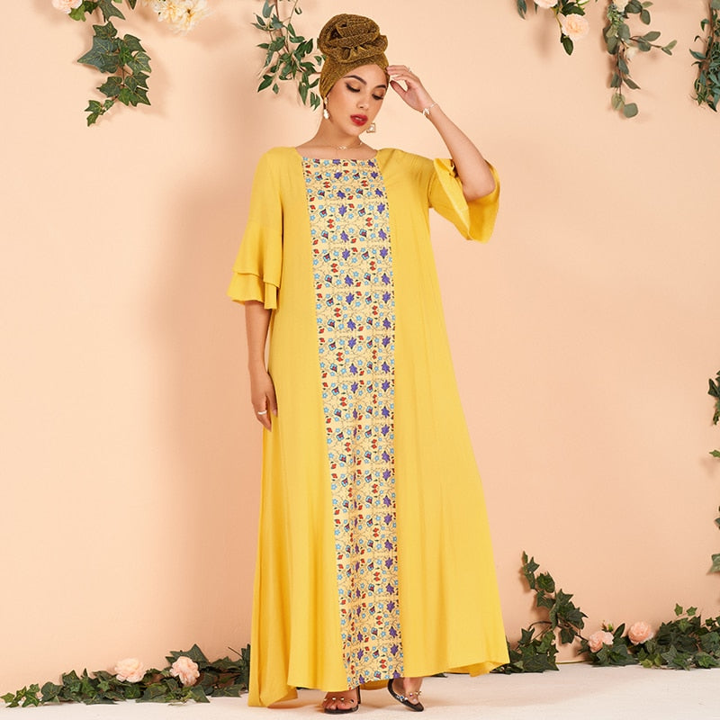 Grande taille été femmes robes nouvelle mode élégant arabe demi volants manches Floral vigne imprimer jaune lâche dame Maxi robes