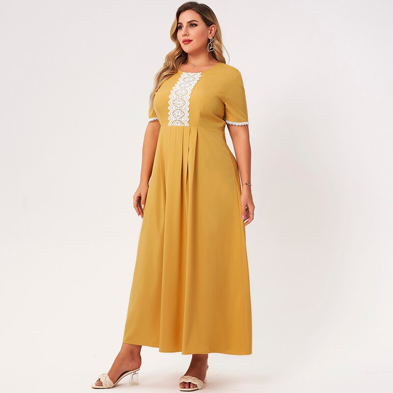 Été nouveautés dames grande taille grand col rond dentelle élégante à manches courtes plissée couture jaune a-ligne longue robe