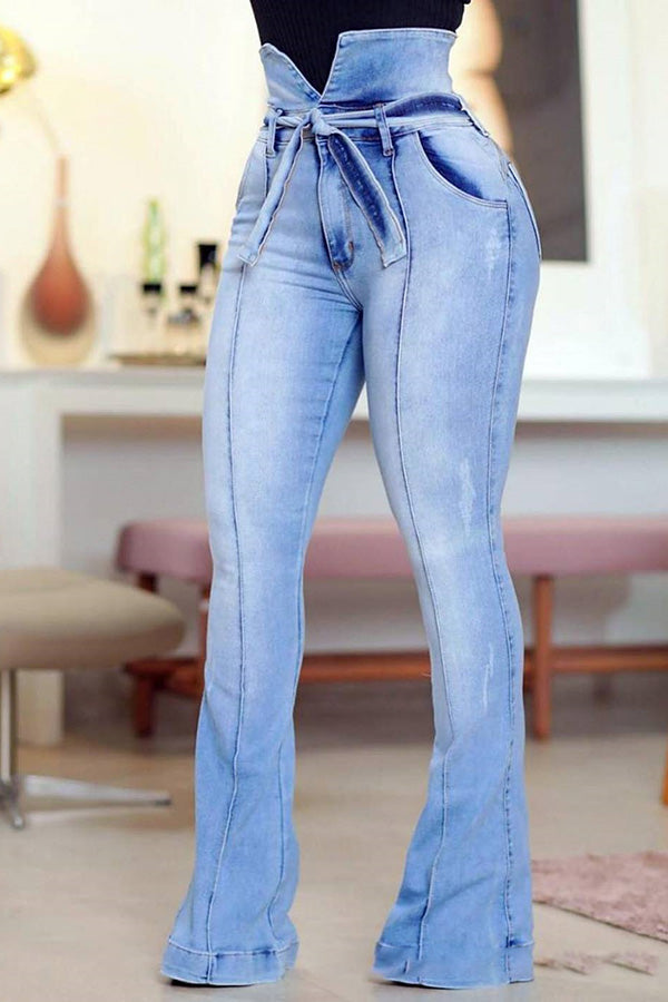 Pantalon évasé en jean skinny taille haute bleu clair