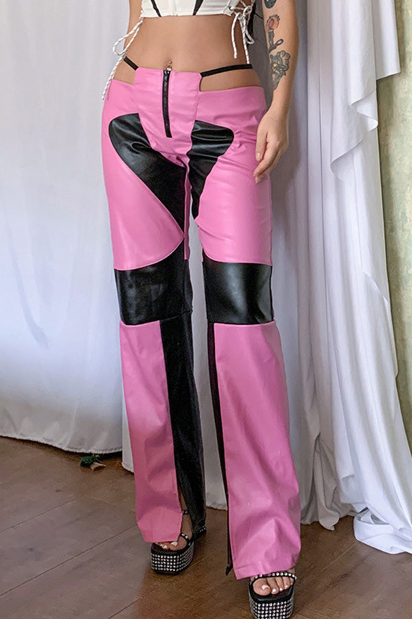 Pantalon à jambe droite en cuir PU de couleur contrastante avec coutures à glissière