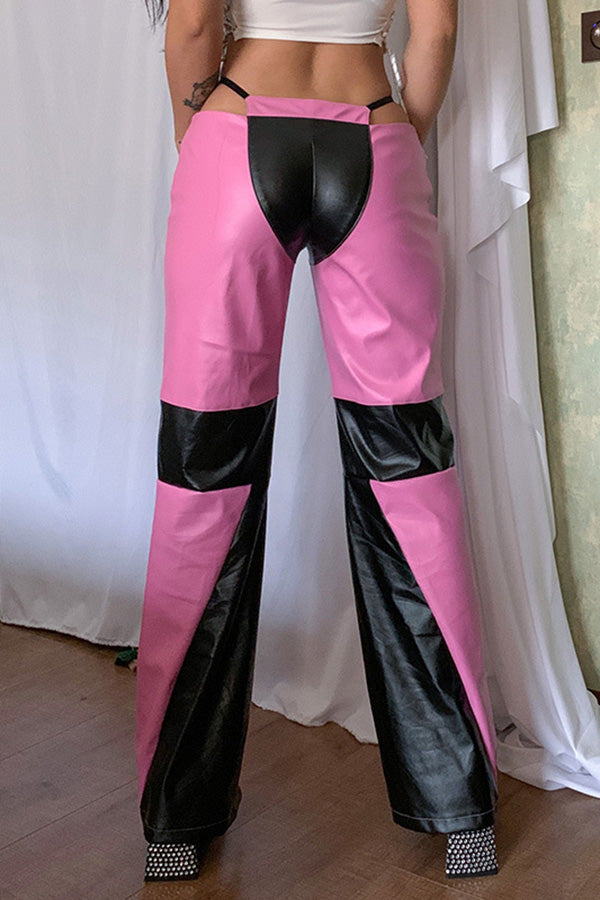 Pantalon à jambe droite en cuir PU de couleur contrastante avec coutures à glissière