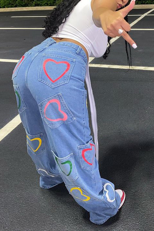 Jean large à imprimé cœur coloré avec poches plaquées