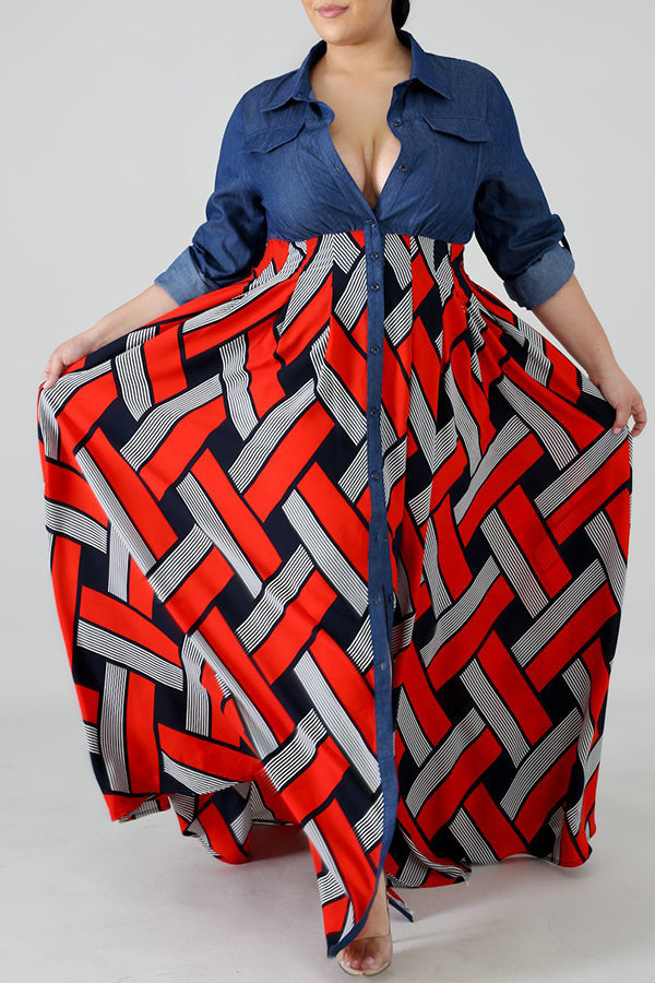 Robe trapèze à imprimé géométrique tissé en patchwork de denim élégant