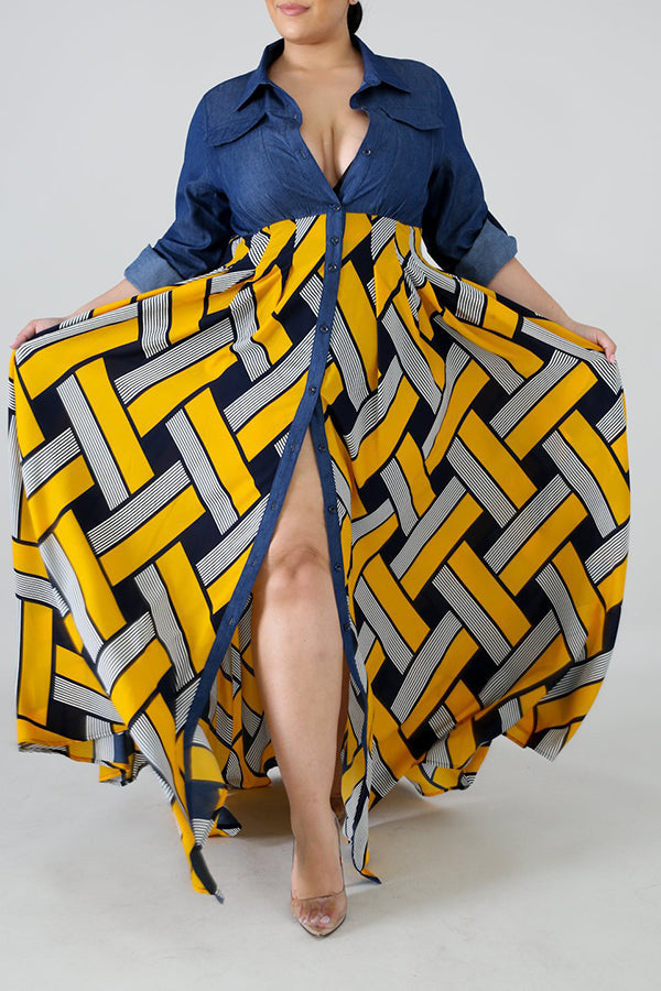 Robe trapèze à imprimé géométrique tissé en patchwork de denim élégant