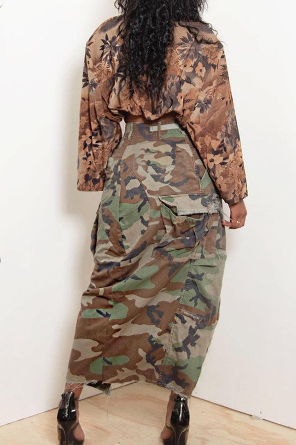 Jupe longue irrégulière à fente de poche de camouflage de personnalité de la mode